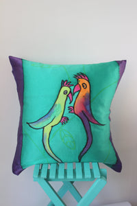 Hand painted silk cushion "Parrots"