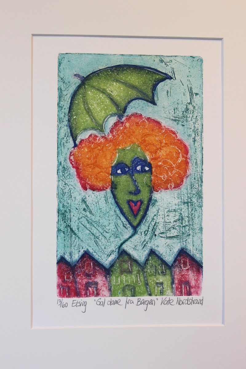 Etching "Crazy Lady from Bergen" Turquoise Background