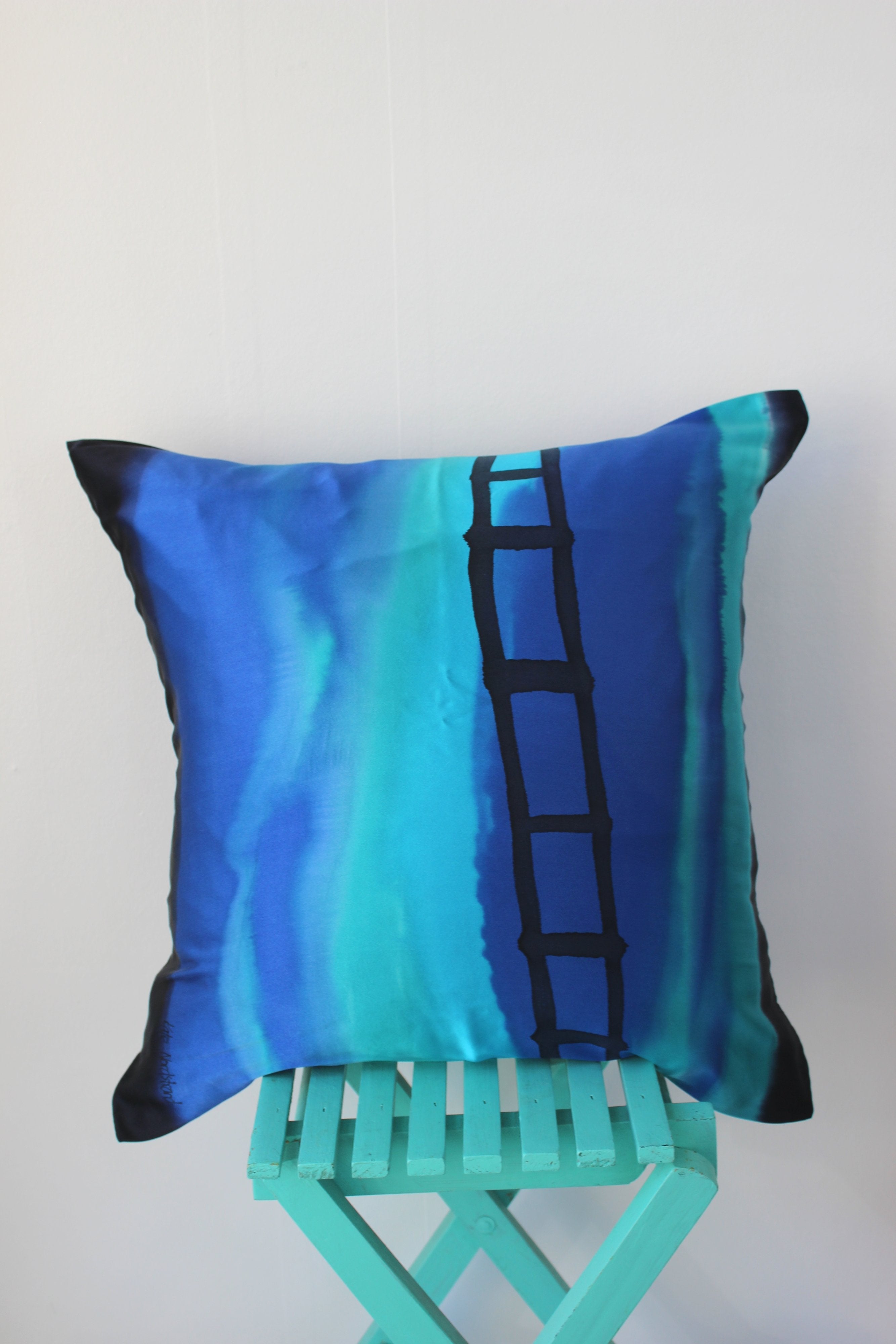Hand painted silk cushion "Blue shades"