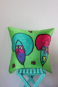 Hand painted silk cushion "Crazy ladies"