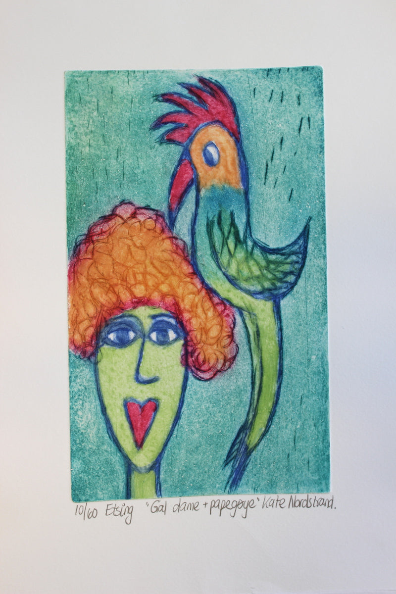 Etching "Crazy Lady + Parrot" 1
