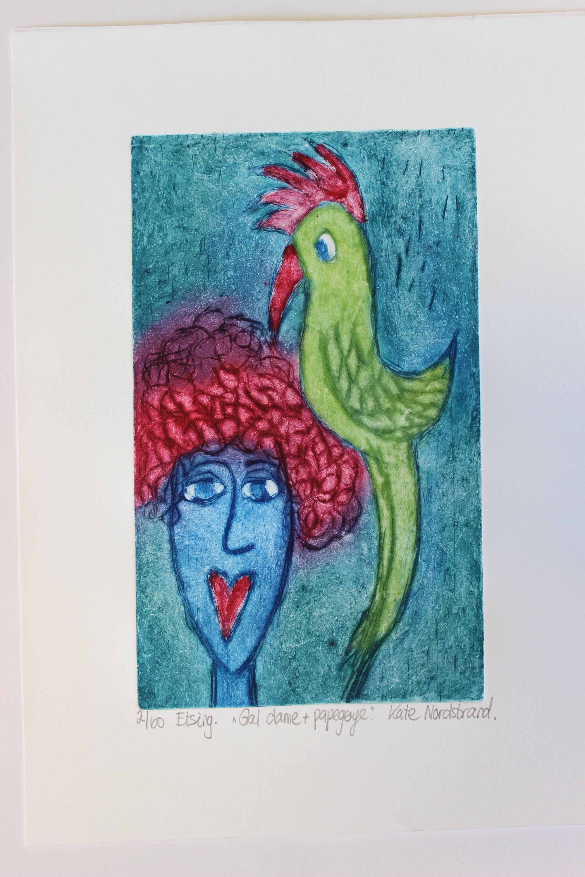 Etching "Crazy Lady + Parrot" 2